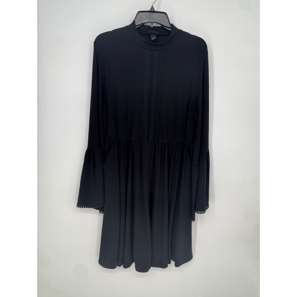 Torrid Dress Women 0 Black EUC Crochet Mock Neck Bell Sleeve Babydoll Pockets